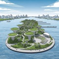 Futuristic island with elevated circular greenery platforms, likely Royalty Free Stock Photo