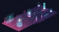 Futuristic isometric digital landscape with neon colors. Features interconnected Royalty Free Stock Photo