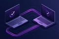 Futuristic isometric illustration of connected laptops with glowing checkmarks Royalty Free Stock Photo