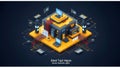 Futuristic isometric illustration depicting interconnected cubes with digital data panels on a dark background. Royalty Free Stock Photo