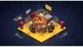Futuristic isometric illustration showcasing a complex structure composed of interconnected cubes and digital data panels. Royalty Free Stock Photo
