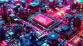 A futuristic isometric rendering of a glowing computer chip surrounded by circuits and a vibrant urban cityscape showcasing AI