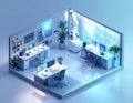 Futuristic isometric smart office with advanced technology, robotics, and data analysis Royalty Free Stock Photo