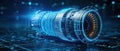 Futuristic jet engine design in glowing wireframe style, detailed technical blueprint, dark background Royalty Free Stock Photo