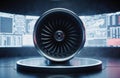 A futuristic jet engine turbine displayed on a circular platform in a high-tech Royalty Free Stock Photo