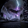 futuristic jet fighter flying over battlefield with lightning strike and troops on the ground