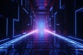 Futuristic journey through dark corridor, neon glow guiding toward luminous square.