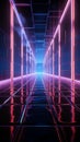 Futuristic journey through dark corridor, neon glow guiding toward luminous square.