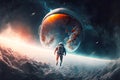 futuristic journey through e floating astronaut over planet