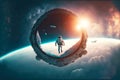 futuristic journey through e floating astronaut over planet