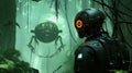 Futuristic Jungle Robot Encounter A lone robot explores a lush overgrown futuristic jungle encountering a mysterious spherical