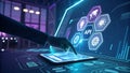Futuristic 4K Hand Interacting with Glowing API Interface and Hexagonal Icons Royalty Free Stock Photo