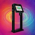 Futuristic kiosk with a sleek black frame and a touch screen interface displaying Royalty Free Stock Photo