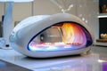 Futuristic kitchen appliance designed for high-tech food preparation with colorful ambient lighting