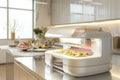 Futuristic kitchen appliance serving colorful healthy dishes on a bright and airy kitchen counter