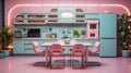 Futuristic kitchen, background, metaverse, virtual background, immersive, virtual reality, neon lighting, Retrowave style, vintage