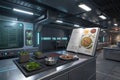 Futuristic kitchen with digital cookbook and modern appliances in a high-tech culinary space Royalty Free Stock Photo