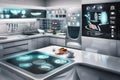 Futuristic kitchen equipped with holographic cooking zones and advanced appliances.