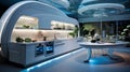 A futuristic kitchen with high-tech appliances and LED lighting