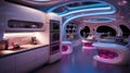 A futuristic kitchen with high-tech appliances and LED lighting