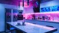 Futuristic kitchen, interactive control panels, intelligent fridge, robotic barista, and mood lights