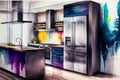 A futuristic kitchen interior, with modular and customizable design elements, in a bold and vibrant color scheme, with a