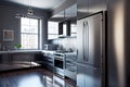 A futuristic kitchen interior, with modular and customizable design elements, in a bold and vibrant color scheme, with a