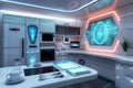 A futuristic kitchen interior with sleek appliances and a digital interface on the wall. Generative AI Royalty Free Stock Photo