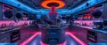 A futuristic kitchen with a large island in the center, surrounded by high-tech appliances and colorful neon lights