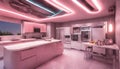 A futuristic kitchen with neon lights embedded in the ceiling, casting a soft