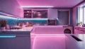 A futuristic kitchen with neon lights embedded in the ceiling, casting a soft