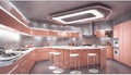 A futuristic kitchen with neon lights embedded in the ceiling, casting a soft