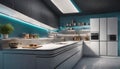 A futuristic kitchen with neon under-cabinet lighting, giving it a high-tech
