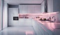 A futuristic kitchen with neon under-cabinet lighting, giving it a high-tech