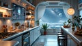Futuristic kitchen overlooking ocean and starry sky Royalty Free Stock Photo