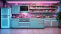 Futuristic kitchen, background, metaverse, virtual background, immersive, virtual reality, neon lighting, Retrowave style, vintage