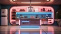 Futuristic kitchen, background, metaverse, virtual background, immersive, virtual reality, neon lighting, Retrowave style, vintage