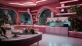 Futuristic kitchen, background, metaverse, virtual background, immersive, virtual reality, neon lighting, Retrowave style, vintage