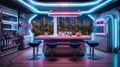 Futuristic kitchen, background, metaverse, virtual background, immersive, virtual reality, neon lights, Retrowave style, vintage