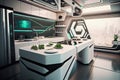 a futuristic kitchen, with sleek and futuristic appliances, producing healthy and nutritious food for the future