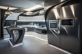 futuristic kitchen with sleek metallic finishes, state-of-the-art appliances, and futuristic lighting