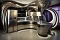 futuristic kitchen with sleek metallic finishes, state-of-the-art appliances, and futuristic lighting