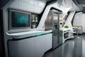 futuristic kitchen with sleek and streamlined design, featuring state-of-the-art appliances and high tech gadgets