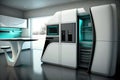 futuristic kitchen with sleek and streamlined design, featuring state-of-the-art appliances and high tech gadgets