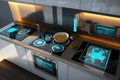 futuristic kitchen, with touchscreens and holographic displays for easy cooking and baking