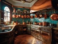 Futuristic kitchen with vintage copper cookware Royalty Free Stock Photo