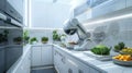 A futuristic kitchen where a robotic chef prepares meals tailored to individual health needs, using sustainably sourced