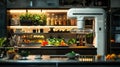 A futuristic kitchen where a robotic chef prepares meals tailored to individual health needs, using sustainably sourced