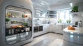 A futuristic kitchen where a robotic chef prepares meals tailored to individual health needs, using sustainably sourced