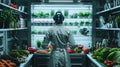 A futuristic kitchen where a robotic chef prepares meals tailored to individual health needs, using sustainably sourced